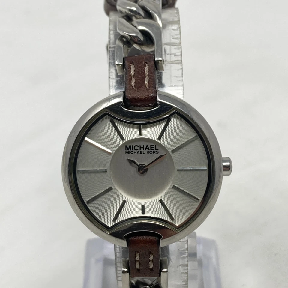 Michael Kors Watch Women 30mm Silver Tone Curb Link & Leather New Battery 7.5" - Image 1 of 4