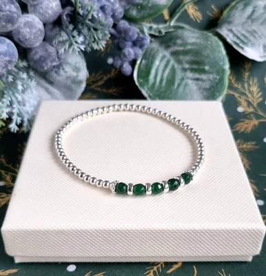 925 Sterling Silver stacking Bracelet green Emerald  gemstone May Birthstone — 第 1/4 张图片