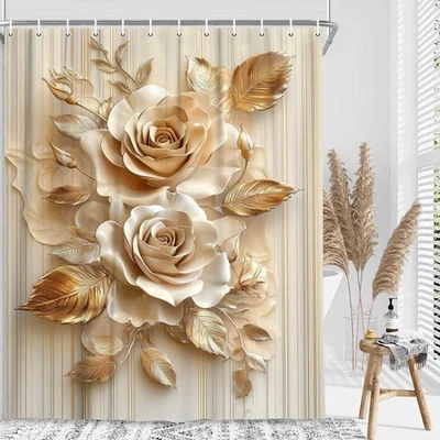 Luxury Cream White and Gold Floral Shower Curtain Elegant Chic Golden Flower ... - Image 1 of 4