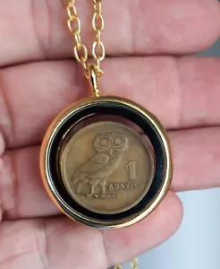 1973 Greek Coin 1 Drachma Owl Greek + Glass Locket Pendant+Chain - Picture 1 of 8