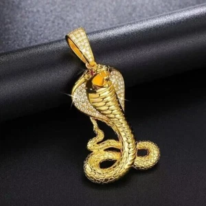 Men's Cobra Snake Charm Pendant 14k Yellow Gold Over 1 Ct Round Cut CZ Chain 18" - Picture 1 of 9