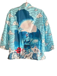 Size M Blue Multi Anime Print Kimono Cover Up Cardigan Quirky 3/4 Sleeves - Picture 1 of 3