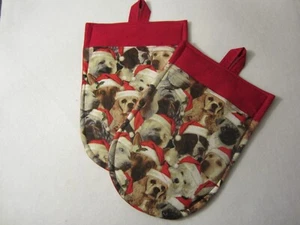DOG PUPPY FACES ANIMAL CHRISTMAS HOLIDAY POCKET OVEN MITT POTHOLDERS - Picture 1 of 1