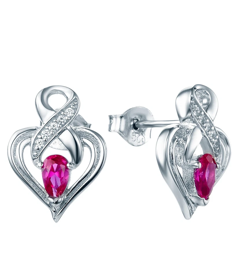 Brincos de rubi de zircônia cúbica folheados a ródio 0,925 com coração esterlina e laboratório - Imagem 1 de 1