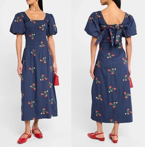 Vestido midi Anthropologie Damson Madder Lauren azul marino fresa manga abullonada talla 8 - Imagen 1 de 8