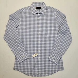 $188 Christopher James Men's MEDIUM 15.5" 32/33" Blue White Check Shirt Cotton  - Picture 1 of 6