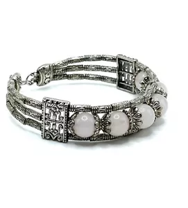 Bracciale Vintage Artigiano Argento Ornato Filigrana Quarzo Rosa - Foto 1 di 10