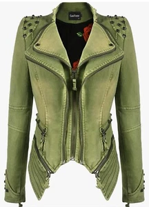 Women Fitted Studded Olive Grn Jean Jacket Mad Max Futuristic Grunge Medium - Picture 1 of 12
