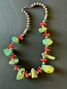 Collar Vintage Turquesa y Coral Esterlina 20 1/2" pulgadas Nativo Americano - Imagen 1 de 5