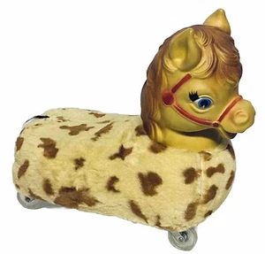 Vintage 50er / 60er Jahre Gummi Gesicht Pferd Ausritt auf Plüschtier auf Rädern Pony Spielzeug - Bild 1 von 13