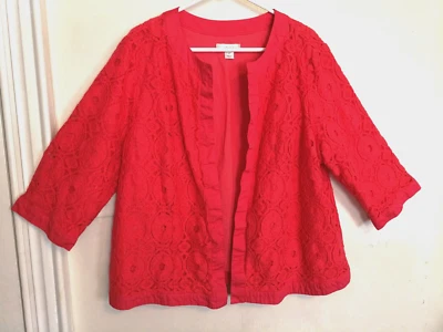 Chaqueta para mujer CJ Banks 2X Plus rosa salmón encaje floral frente abierto manga 3/4 Foto 1 de 4