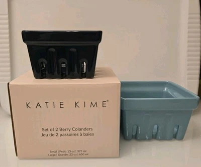 Katie Kime Blue & Turquoise Ceramic Berry Baskets Colanders Set of 2 NEW In Box  - Image 1 of 4