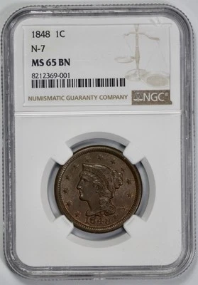 1848 Braided Hair 1c Large Cent NGC MS 65 BN Brown N-7 - Image 1 of 4