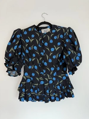 Simon Ellis Vintage 80’s Jacket Floral Print Short Sleeve Black & Blue Size 12 — 第 1/4 张图片