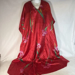 Vintage 80/90 Winlar seidig Einheitsgröße tropisch Blumen rot Strand Lounge Kaftan Mumu - Bild 1 von 5