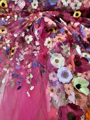 Lace Multicolor Embroidery 3d Floral Fabric By The Yard Fuchsia Mesh For Dress  - Image 1 of 4