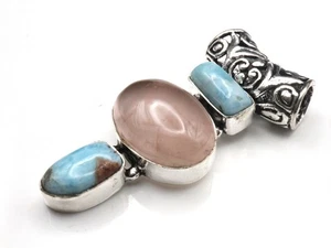 GJ69 GW ROSENQUARZ & LARIMAR VINTAGE  SILBER-ANHÄNGER +KETTE / LEDER! - Bild 1 von 3