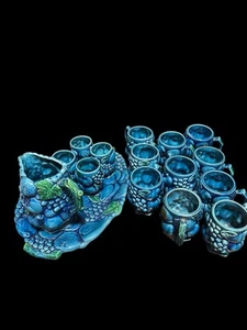 Vintage Inarco Mood Indigo Pottery 16 pc set Pitcher and Mugs Cups Blue NWT Rare - Picture 1 of 11
