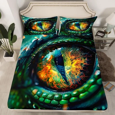 Sábana Ajustable 3D Dragón y Ojo Tamaño Queen, Juego de Ropa de Cama Dragón Verde 3 Piezas para K... Foto 1 de 4