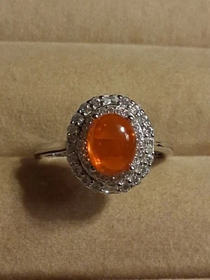 Cabujón de ópalo naranja 8x6 mm y circonitas circonitas simuladas, placa de plata de ley 925, 7 KWG Foto 1 de 4