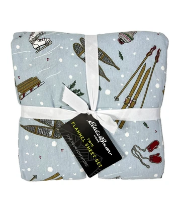 Eddie Bauer Twin Flannel Sheet Set Winter Snow Day Print Blue - Image 1 of 4