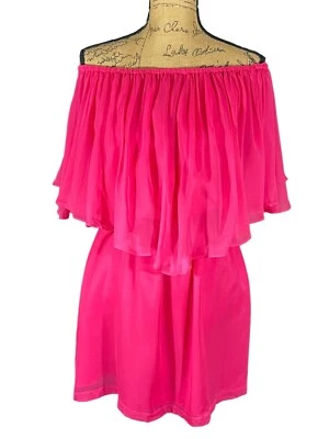 Vestido Halston Heritage Talla 2 Seda Rosa Caliente Hombro Descubierto Volantes Vacaciones Crucero Foto 1 de 4