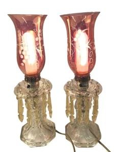 Luster Hurricane electric candle lamp with pink cranberry Victorian Decor shades - Picture 1 of 24