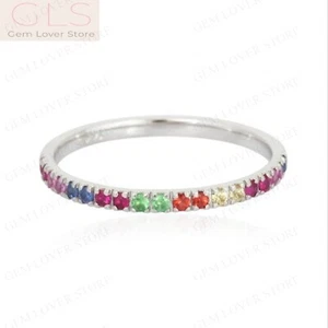 925 Sterling Silver 1 mm Round Cut Natural Multi Gemstone Band - Picture 1 of 9