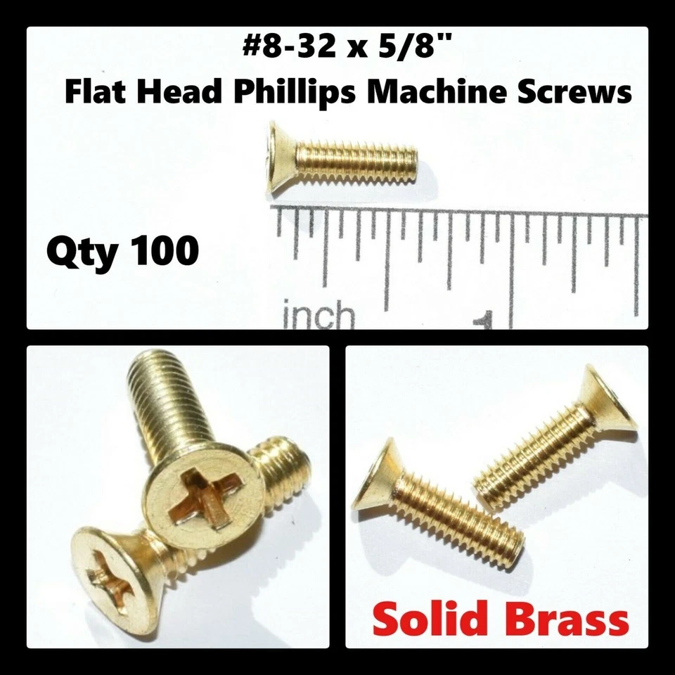 Tornillos de máquina Phillips de cabeza plana de latón macizo de 8-32 x 5/8" (cantidad. 100) Foto 1 de 1