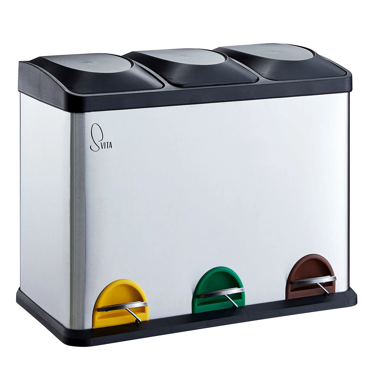 Mülleimer Aus Edelstahl Mit 3 Fächern – 60 Liter Gesamtvolumen, Soft-Close Deckel, Fußpedal & Herausnehmbare Innenbehälter