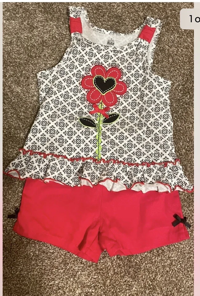 NEW GIRL'S KIDS HEADQUARTERS RED, BLACK, WHITE AND GREEN FLORAL SHORTS SET SZ 5 - Image 1 of 1