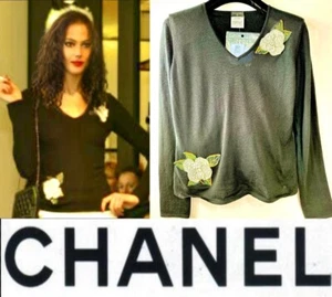 Chanel Vintage 2003 Black Cashmere Sweater 36 38 4 6 Top Crystal Bead Vtg S M - Picture 1 of 17