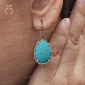 Pendientes colgantes de diamantes naturales de plata 925 con piedras preciosas de turquesa naturales nuevos - Imagen 1 de 8