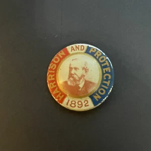 1892 "HARRISON AND PROTECTION" 1 3/8" Presidential Campaign Badge Pin - Picture 1 of 3