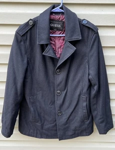 Guess Men's Small Black Lined Peacoat Jacket Coat Wool Blend Overcoat Button Up - Picture 1 of 13
