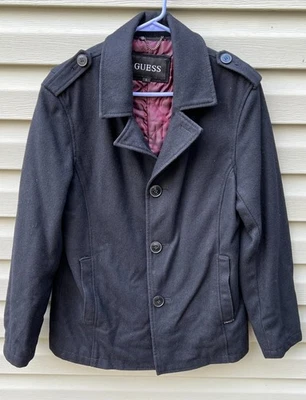 Guess Men's Small Black Lined Peacoat Jacket Coat Wool Blend Overcoat Button Up - Image 1 of 4