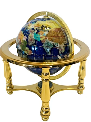 Mesa de escritorio brújula con soporte dorado de 4 patas globo terráqueo piedra preciosa océano lapislázuli azul Foto 1 de 4
