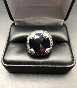 925 Sterling Silver Amethyst Marcasite Ring Size 7 - Picture 1 of 14