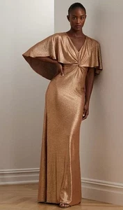 Nwt Lauren  Ralph Lauren Women's Metallic Knit Twist-Front Cape Gown size 2 - Picture 1 of 7