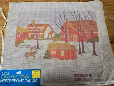 Needlepoint Canvas Vintage Dritz Scovill 1970's Country Scene Barn Red  - Image 1 of 4