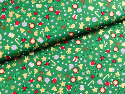 BAUMWOLLE Stoff Weihnachten Weihnachtsschmuck Gold auf DUNKELGRÜN EUR 9,98/m - Bild 1 von 2