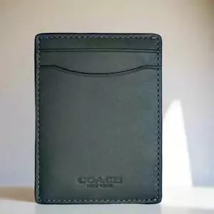 Coach Money Clip Card Case Mens Army Green Leather C6702 Wallet Compact - Picture 1 of 8