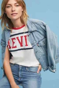 Anthropologie T-Shirt M LEVI'S SPORT RINGER Logo Cotton Red Blue Ivory Tee NWT - Picture 1 of 7