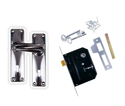 2 Lever Lock Set Lockable Door Handle Handles with 2 Keys Silver Finish - Image 1 of 2