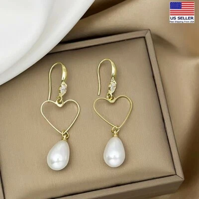 Мода женщин 925 пробы полый сердце кристалл жемчуг серьги крюк 1040 - Изображение 1 из 3
