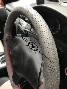 GREY PERFORATED LEATHER STEERING WHEEL COVER FOR SKODA FABIA MK2 RED DOUBLE STCH - Picture 1 of 5