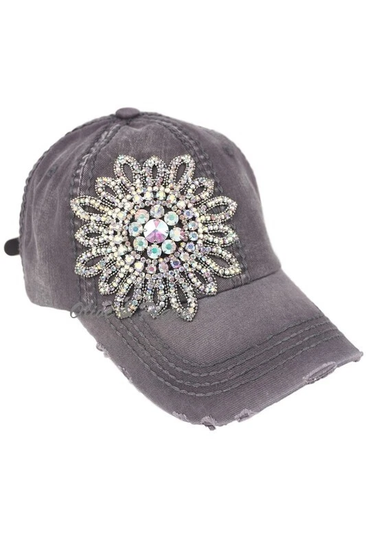 NWT Bling Rhinestone Flower Distressed Gray Baseball Hat by Olive & Pique - Image 1 of 1