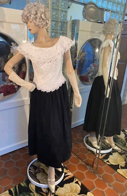 VTG 90s White Lace & Black Damask Off Shoulder Tea Dress Cachet Bari Protas M - Image 1 of 4