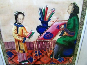 ANTIQUE CHINESE RICE PAPER PAINTING FRAMED TEACHER CHILD GIRL LEARNING SCENE - Picture 1 of 7