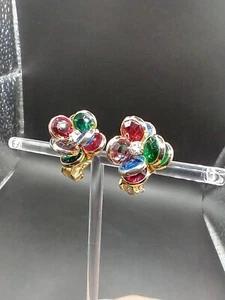 Vintage Gold tone Bezel Set Multi-Color Faceted Crystal Flower Earrings E1 - Picture 1 of 8